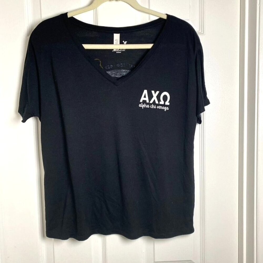 Bella Canvas University Tees Alpha Chi Omega Black V-Neck Tee Size Medium